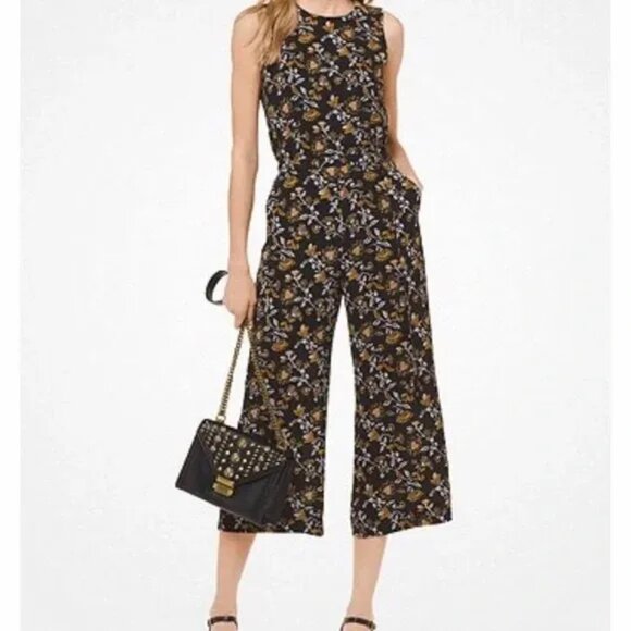 Michael Kors Sleeveless Black & Yellow Floral capri jumpsuit size 0 - Picture 1 of 7
